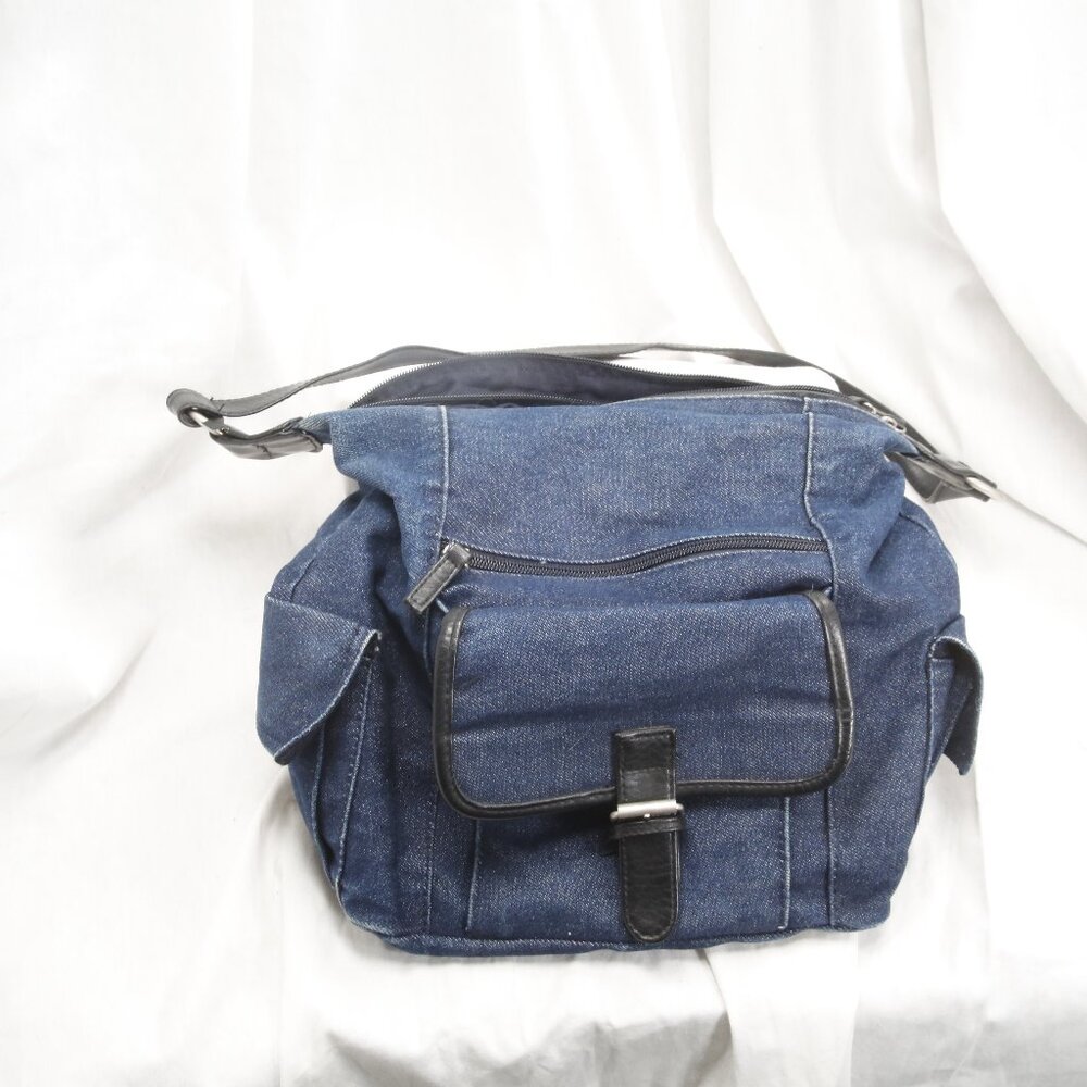 Faded Glory, Denim Purse, black leather and silver metal accents